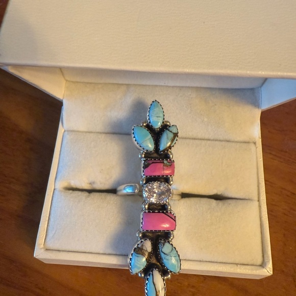 Cotton candy Turquoise, CZ & Sterling  Ring adjustable - Picture 1 of 2